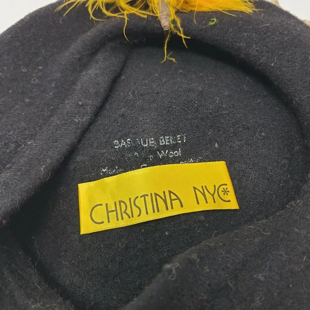 Vintage Yellow Feather Womens Black 100% Wool Basque Beret Christina NYC Artsy